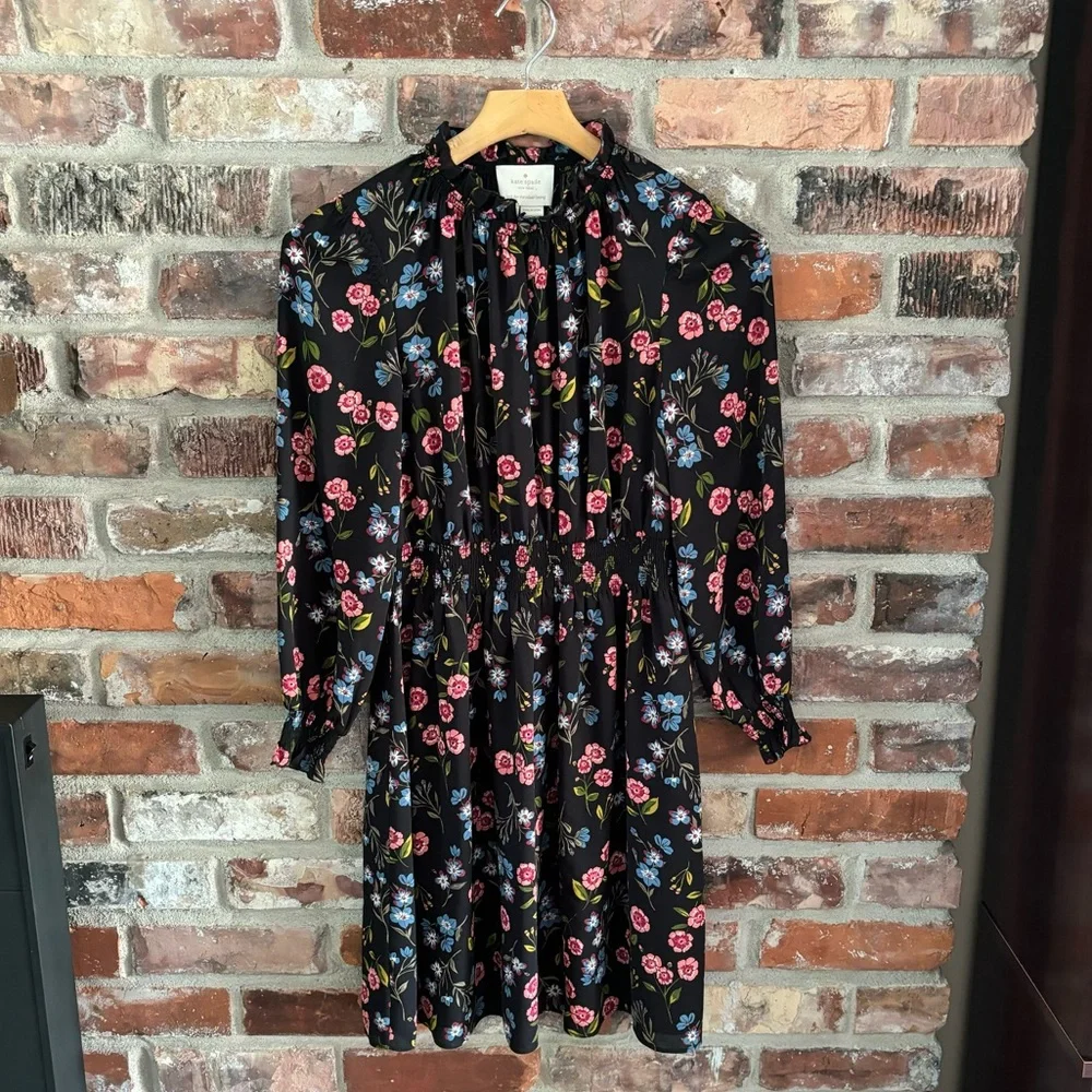 Kate Spade Black Floral Smock Waist Dress, S